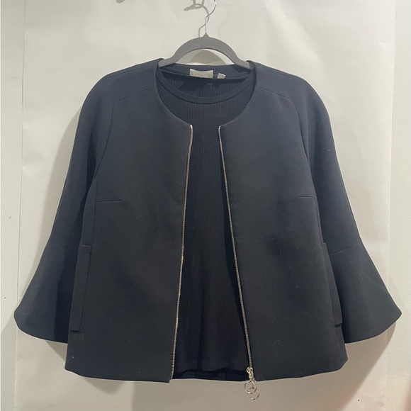 Ann Taylor Black Jacket With Two-Way Zip Fluted Sleeve And Pockets - Picture 2 of 8